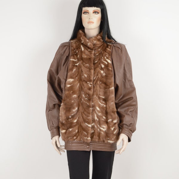 Vintage 80s brown real leather mink fur jacket coat - Mink fur bomber jacket - Oversized jacket  - Mink coat - Size Medium