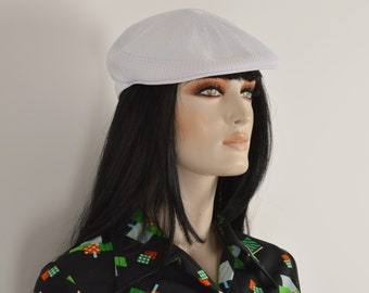 Vintage 90er Jahre LEYTON weiße Herrenmütze - Gestrickte Newsboy Mütze - Cabbie Mütze - Golf Mütze - Rennmütze - Made in California USA - Größe Medium M