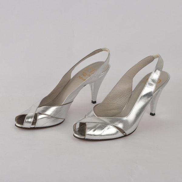 Vintage 80s Christian Dior Paris PVP2440 designer real leather slingback shoes - Silver metallic chrome disco peep toe heels - Size EU 37.5