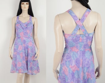 Vintage 60s RIEGER MODE floral flower print dress - Very peri blue lavender dress - Strappy dress - Retro dress - Size  Small 36