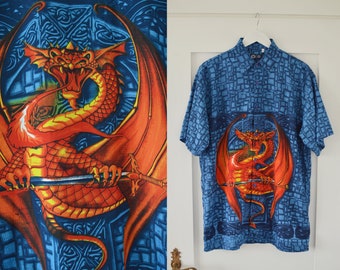 Vintage 90s C&A Here and There mens shirt with dragon print - Blue shirt with short sleeves - Blue shirt with oragne dragon - Mens shirt