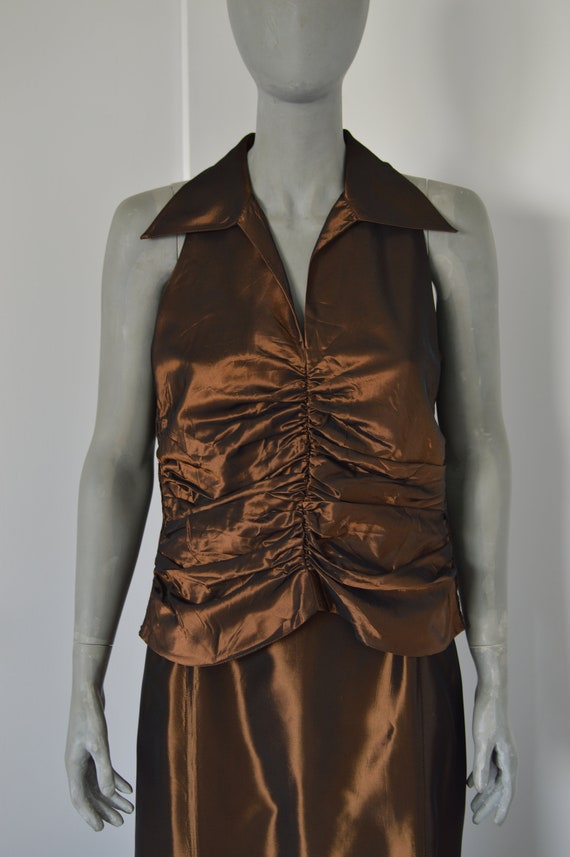 Vintage 80s ASHLEY BROOKE shiny brown skirt suit … - image 3