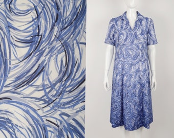 Vintage 70s Aspens asplene jersey blue white midi dress - Abstract print dress - Short sleeve dress - Made in Sweden - Size Medium / Large