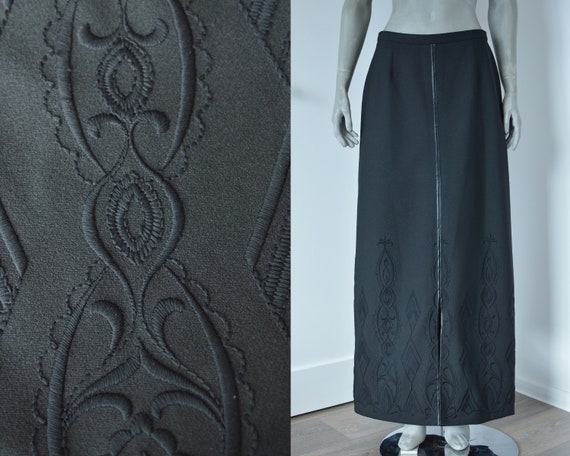 Vintage French couture black wool skirt with stunning embroidered pattern