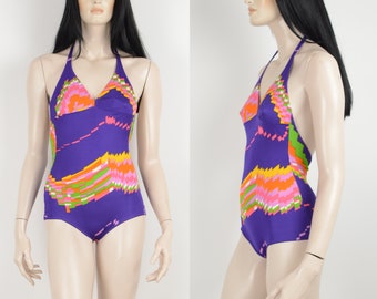 Vintage 70s purple swimsuit - Abstract colorful print swimsuit - Vintage woman swimwear - Halter one piece swim suit - Size Extra Small