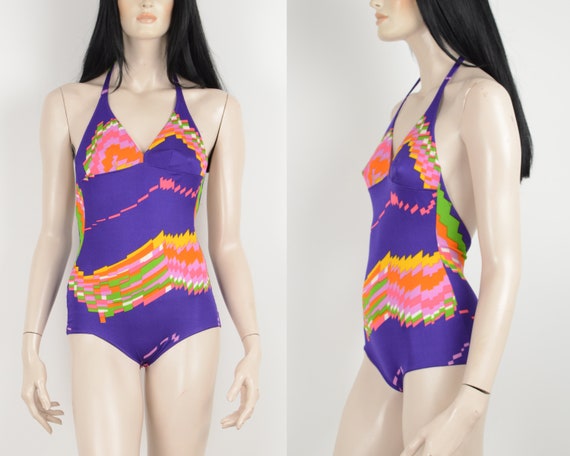 Vintage 70s purple swimsuit - Abstract colorful p… - image 1