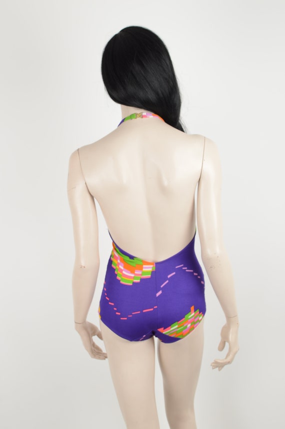 Vintage 70s purple swimsuit - Abstract colorful p… - image 6