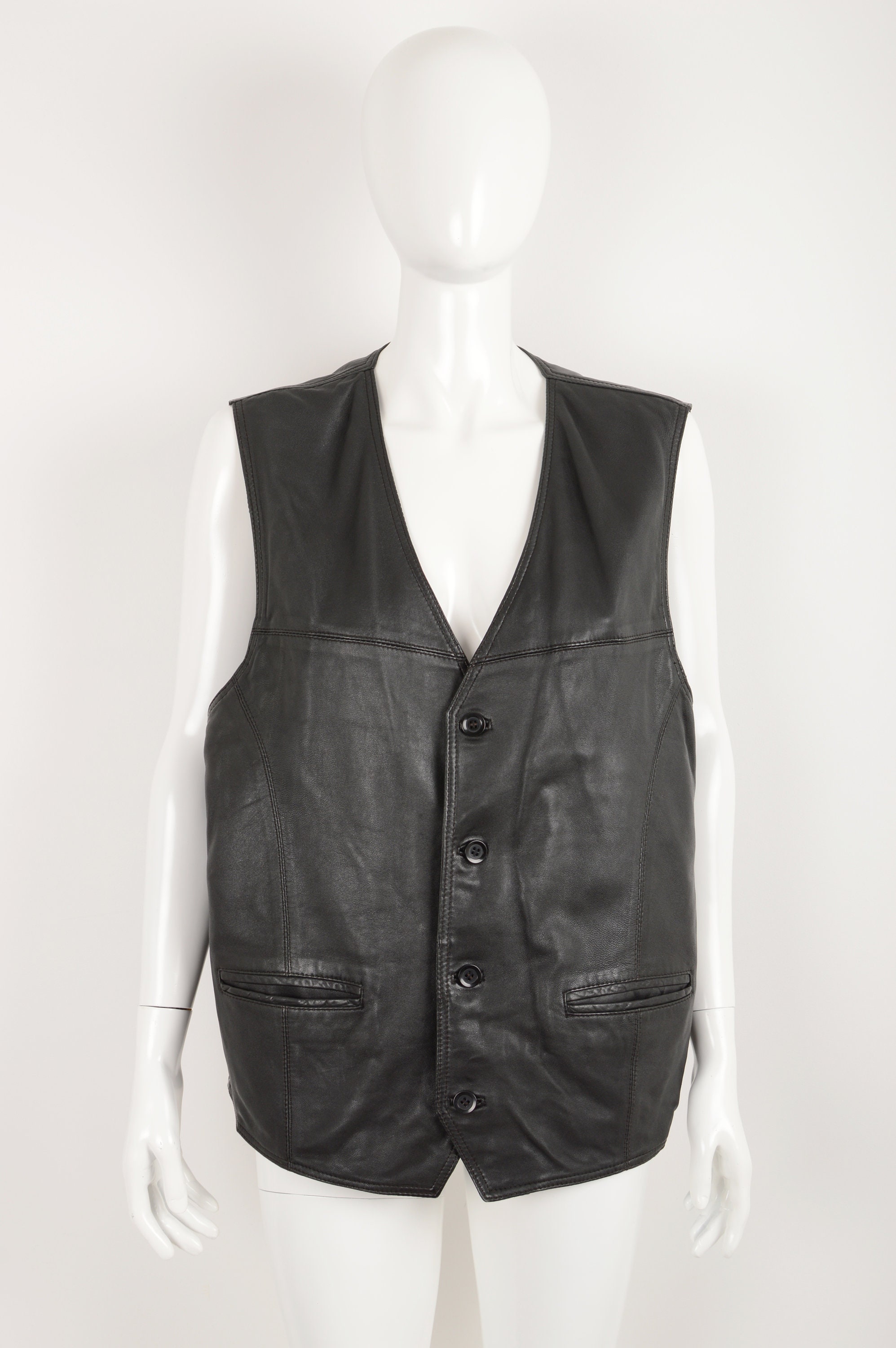 Vintage 90s black real leather vest Button up leather vest | Etsy