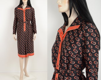 Vintage 70s JUMO black red white mix dress - Horseshoe print dress - Midi dress - Belted dress - Shirt style dress - Size LARGE