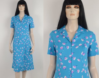 robe bleu midi DIOLEN vintage des années 70 - Robe de style chemise - Robe imprimée de fleurs florales - Robe à col - Robe à manches courtes - Taille Medium/Large