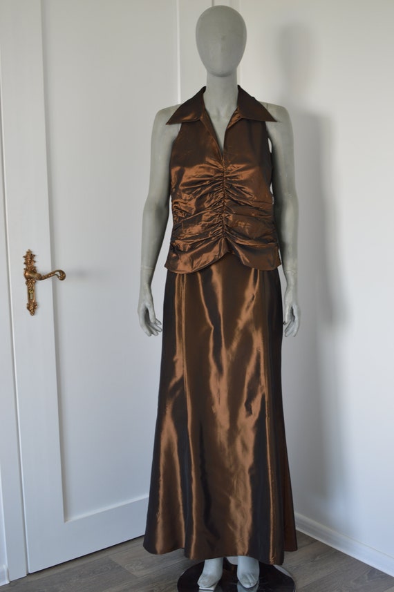Vintage 80s ASHLEY BROOKE shiny brown skirt suit … - image 2