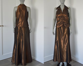 Vintage 80s ASHLEY BROOKE shiny brown skirt suit - Elegant blouse and long skirt - Evening skirt suit  - Size  Extra Large