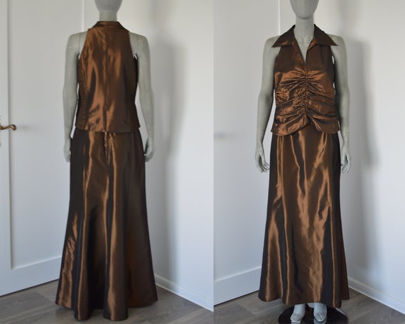 Vintage 80s ASHLEY BROOKE shiny brown skirt suit … - image 1