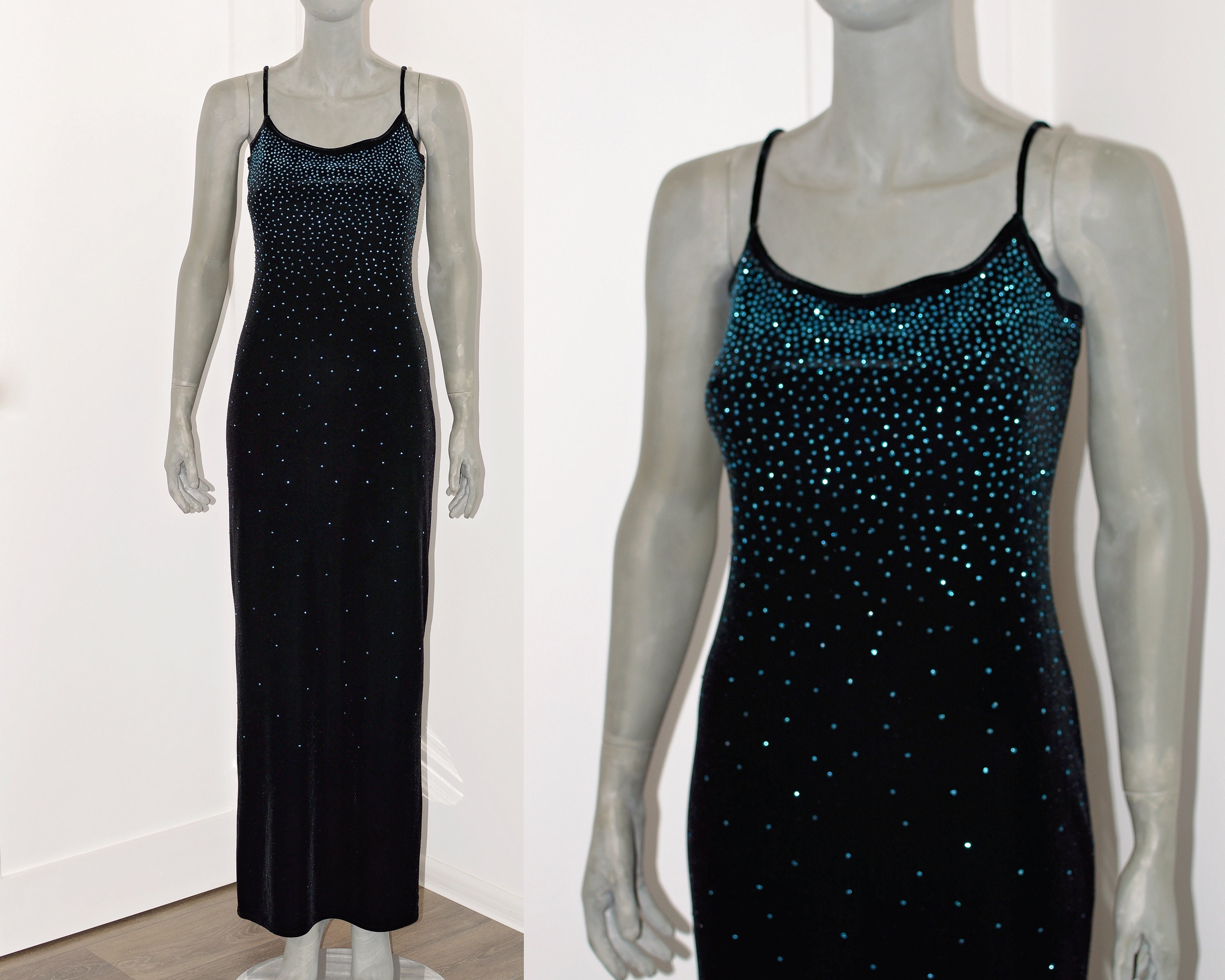 Vintage 90s Jump Apparel by Wendye Chaitin Black Velvet Maxi Dress glitter Blue Crystal Strappy Bodycon Long Dress made in USA size Small Etsy