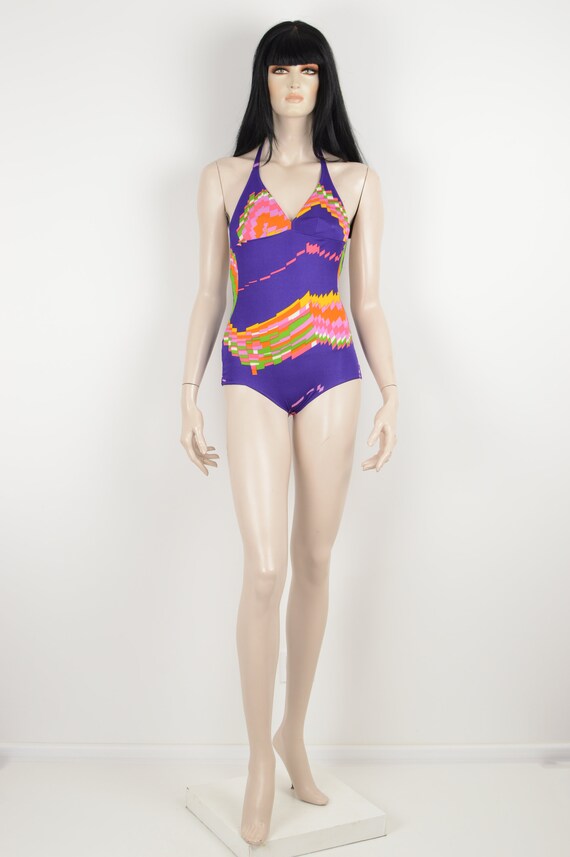 Vintage 70s purple swimsuit - Abstract colorful p… - image 2