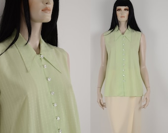 Vintage 90s pastel green button down blouse - Sleeveless shirt - Collared top - Flared blouse - Size Medium