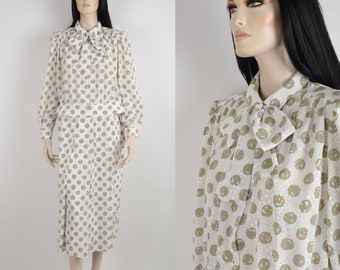 Vintage 80s  FRANKENWALDER skirt blouse suit - White with beige dots skirt suit - Button up bouse with bow - Made in West Germany-Size Large
