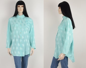 Vintage 80s LUDO mint green button down blouse - Long shirt  - Oversized oversize top - Long sleeve shirt - Size Extra Large XL