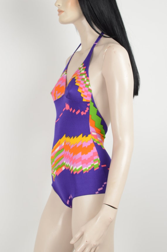 Vintage 70s purple swimsuit - Abstract colorful p… - image 8