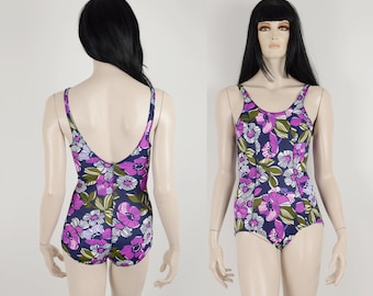 Vintage 70s SPEEDO purple khaki blue white swimsuit - Floral flowers colorful print swimsuit swimwear -One piece swim suit -Size Extra Small