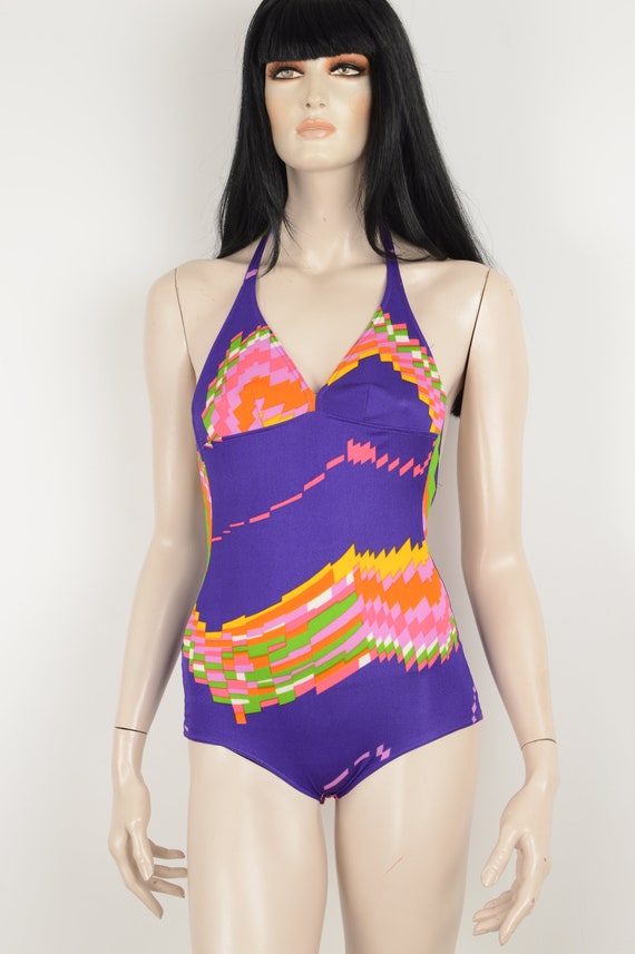 Vintage 70s purple swimsuit - Abstract colorful p… - image 3