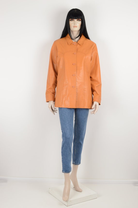 Vintage 90s Orange Real Leather Jacket - Button Down Blazer 
