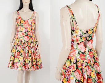 Vintage 80s HOPFNER Jaunesse floral flower print colorful dress - Dress with puffy tulle underskirt - Strappy cotton dress - Size  Medium 38