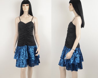 Vintage 90s black dress - Strappy dress - Metallic blue shiny dress - Cocktail party dress - Ruffled dress - Size Medium