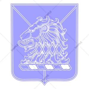 May include: A light purple heraldic crest featuring a lion's head with a flowing mane, five diamond shapes, and a decorative base. The word "SAMPLE" is printed multiple times around the crest.