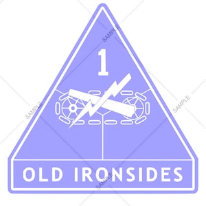 May include: A light purple triangle-shaped emblem with a white border. The emblem features a white number 1 at the top, a white tank with a lightning bolt, and the words "OLD IRONSIDES" at the bottom. The word "SAMPLE" is printed diagonally across the image.