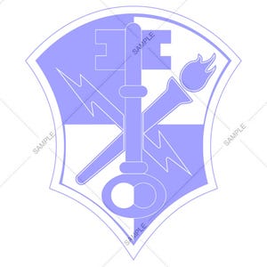 May include: A light purple emblem featuring a key, a torch, and a lightning bolt design. The emblem is set against a shield shape with the word "SAMPLE" repeated around the edges.