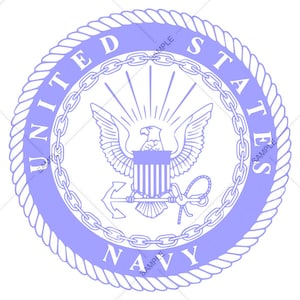 May include: A light blue United States Navy emblem. The circular design features an eagle with outstretched wings, an anchor, and the words "United States Navy" in a circular pattern. The emblem is surrounded by a rope border.