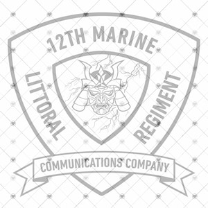 May include: A grey graphic design featuring a shield shape with the text "12TH MARINE LITTORAL REGIMENT" and "COMMUNICATIONS COMPANY". A samurai mask is in the centre.