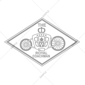 May include: A gray and white logo featuring a stylized carriage with spoked wheels, a crown, and the text "THE ROYAL COACHMAN" within a diamond-shaped frame. The design has a vintage aesthetic.
