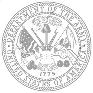 May include: Circular emblem of the United States Department of the Army. The design includes an American flag, a snake with the text "THIS WE'LL DEFEND", and the year 1775. The words "UNITED STATES OF AMERICA" and "DEPARTMENT OF THE ARMY" are also present.