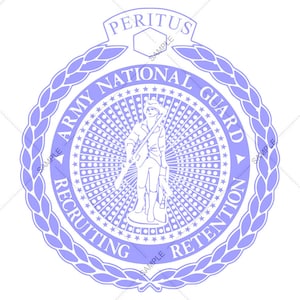 May include: A light purple Army National Guard Recruiting and Retention emblem. The circular design features a soldier figure, stars, and text. The emblem is surrounded by a laurel wreath and the word "PERITUS" at the top.