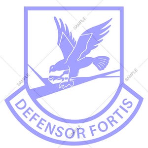 May include: A purple patch with a white background and a stylized eagle in flight. The patch has the text "DEFENSOR FORTIS" in a curved arc around the bottom.