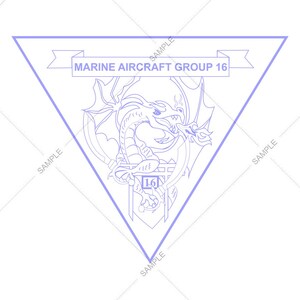 May include: A blue and white insignia featuring a dragon and the text "MARINE AIRCRAFT GROUP 16".