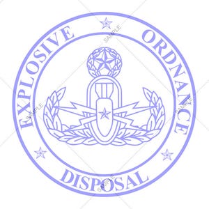 May include: A light purple circular seal with the words "EXPLOSIVE ORDNANCE DISPOSAL" around the edge. The seal features a central emblem with a bomb, star, and laurel wreath design. The word "SAMPLE" is repeated around the seal.
