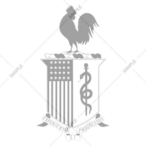 May include: A gray and white seal with a rooster, a snake wrapped around a staff, and a shield with the American flag and the text "Experientia et Progressus".