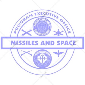 May include: A light purple circular seal with the text "PROGRAM EXECUTIVE OFFICE" and "MISSILES AND SPACE". The seal includes the text "UNITED STATES ARMY ACQUISITION CORPS" and various military-related symbols.
