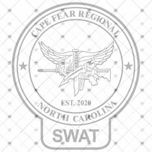 May include: A gray SWAT emblem with the text "CAPE FEAR REGIONAL NORTH CAROLINA" and "EST. 2020". The emblem features a stylized eagle with a rifle, knife, and other tactical elements. The word "SWAT" is at the bottom.