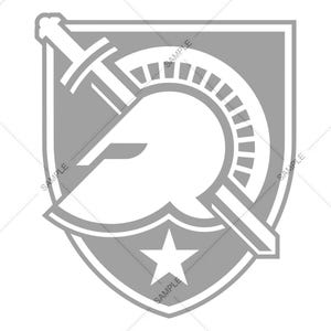 Puede incluir: Un diseño de escudo gris y blanco con un casco, una espada y una estrella. El escudo tiene un borde y la palabra "SAMPLE" está impresa en el escudo.