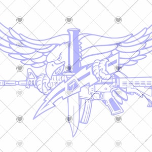 May include: A light purple line art graphic design featuring a central eagle with outstretched wings positioned behind a vertical dagger and a horizontal rifle. The design includes a lightning bolt element and a small shield icon on the rifle.