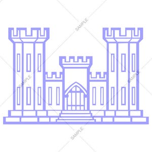 Puede incluir: Un dibujo lineal en morado claro de un castillo con dos torres altas y una estructura central. El castillo tiene ventanas rectangulares y almenas en la parte superior. La palabra "SAMPLE" está en diagonal en la imagen.