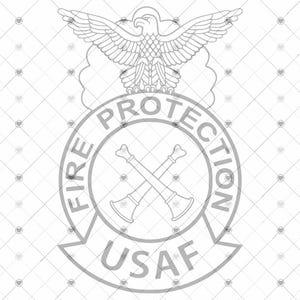 May include: A detailed, grayscale USAF Fire Protection emblem. The design features a spread-winged eagle above a circular emblem with the words "FIRE PROTECTION" and "USAF". Two crossed fire axes are in the center.