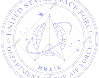 May include: A blue and white seal with the text "United States Space Force Department of the Air Force" and "MMXIX" in the centre. The seal features a stylised star with a globe and orbit around it.