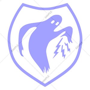 May include: A light purple ghost illustration inside a shield shape. The ghost has two eye holes and is emitting lightning bolts. The word "SAMPLE" is printed on the shield.