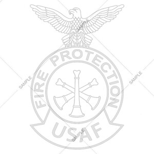 May include: A detailed line drawing of a United States Air Force (USAF) Fire Protection emblem. The design features a spread-winged eagle above a circular emblem with the words "FIRE PROTECTION" and "USAF". The emblem includes a central symbol of crossed trumpets.