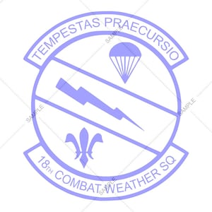 May include: A purple circle with the text "TEMPESTAS PRAECURSIO 18TH COMBAT WEATHER SQ" around the edge. Inside the circle is a lightning bolt, a fleur-de-lis, and a parachute.